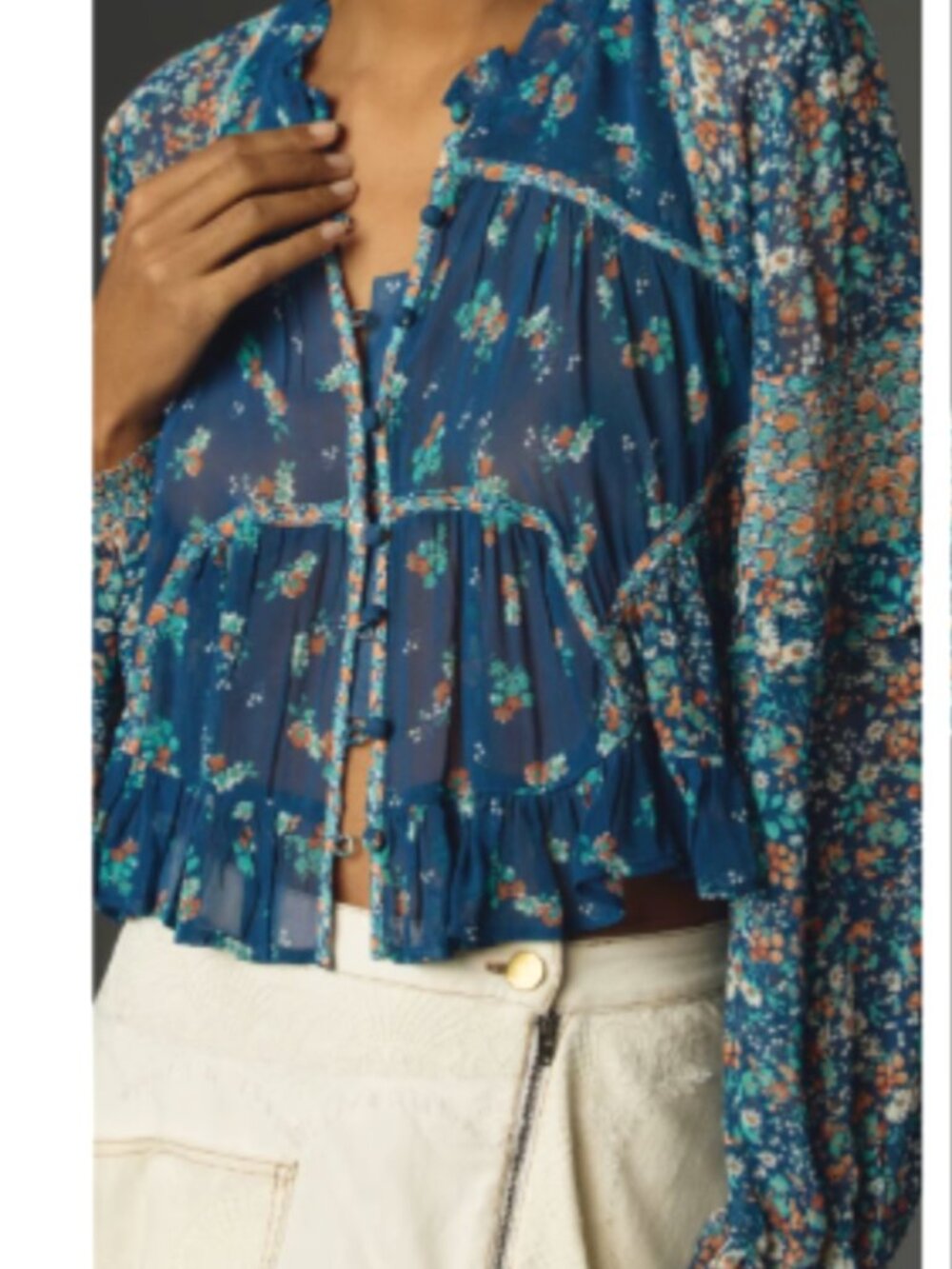 Anthropologie Sheer Babydoll Blouse In Blue Floral Print - Picture 3 of 10
